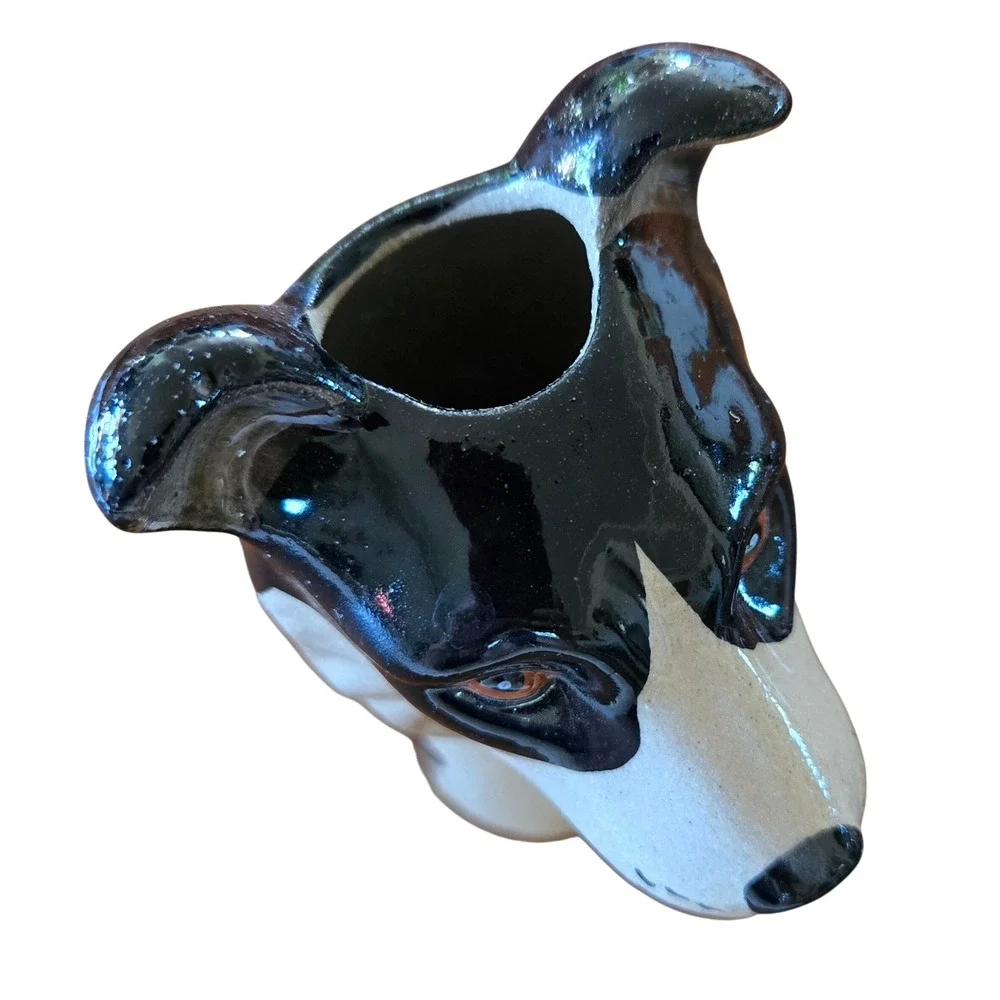 Kitschy Hand Painted Ceramic Dog Head Bud Vase Border Collie Figurine Glossy 7